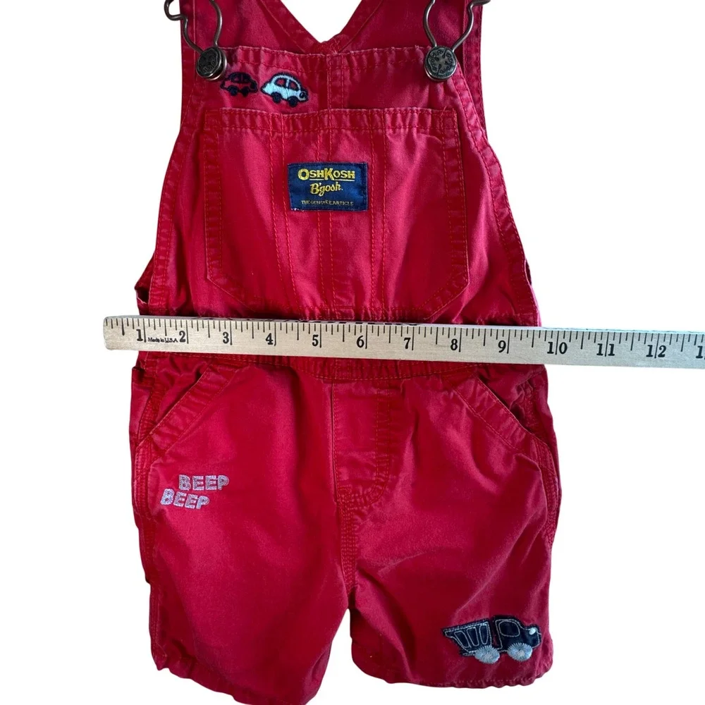 Vtg OshKosh Bgosh Vestbak Shortalls Red Cars Dump Truck Embroidered 18M Toddler